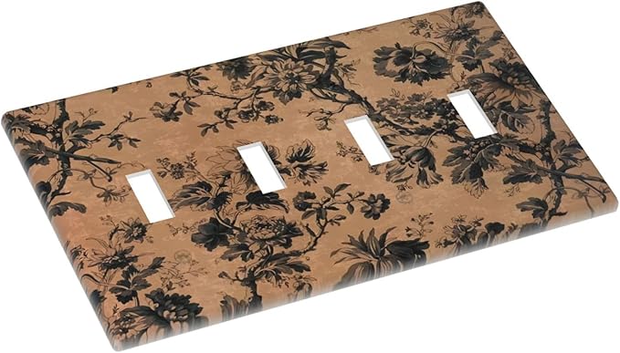 Decorative Switch Plate Covers Vintage Floral Botanical Brown Background 4 Gang Light Switch Cover Plate Quad Toggle Wall Plate Light Switch Covers for Bathroom Bedroom Decor