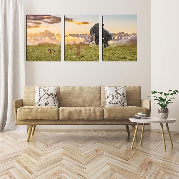 Motivational Canvas Wall Art Inspirational Quotes Poster Modern 3 Pieces Entrepreneur Office Wall Decoration Elephant Painting Decor for Bedroom Stretched and Framed Ready to Hang(60''Wx28''H)