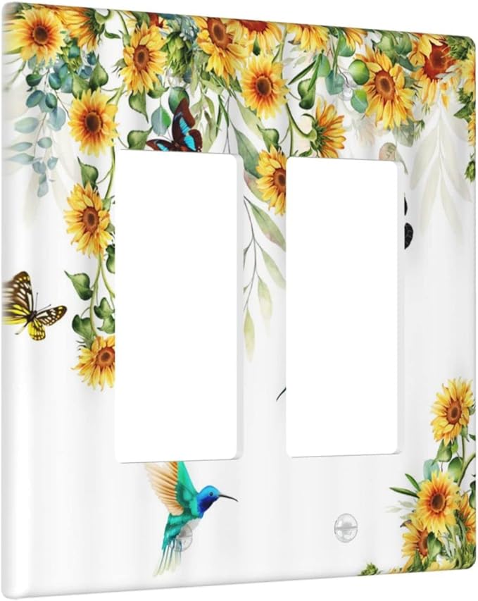 Yellow Sunflower Blue Hummingbird Butterfly Double Rocker/Decora Outlet Cover Rustic Farmhouse Floral Plant 2 Gang Light Switch Cover Decorative Gfci Wall Plate Electrical Switchplate for Home