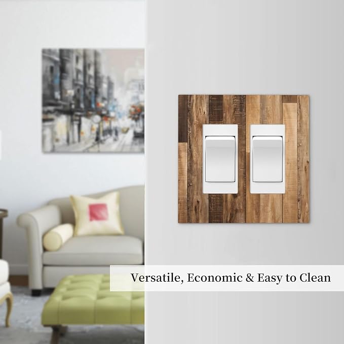 Rustic Brown Wood Splicing Vintage Dark Oak Print Decorative Outlet Covers 2 Gang Double GFCI Rocker Electrical Wall Panels Light Switch Cover Plate for Farmhouse Home Decor