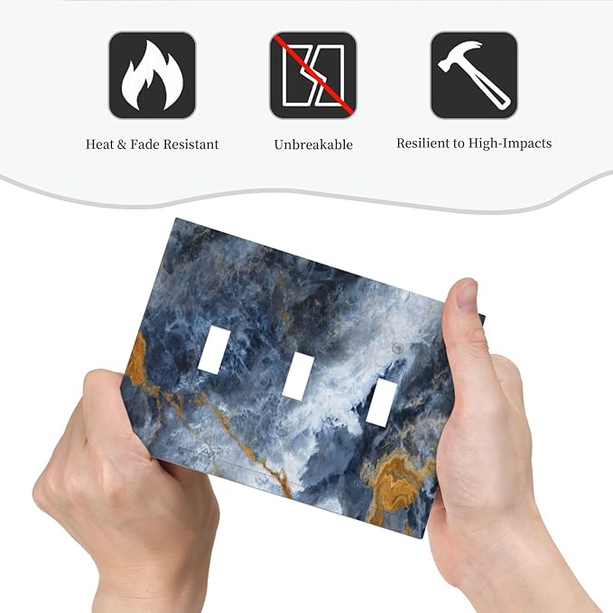 Decorative Switch Plate Covers Gold Dark Blue Gilt Haze Marble 3 Gang Light Switch Cover Plate Triple Toggle Wall Plate Light Switch Covers for Bathroom Decor