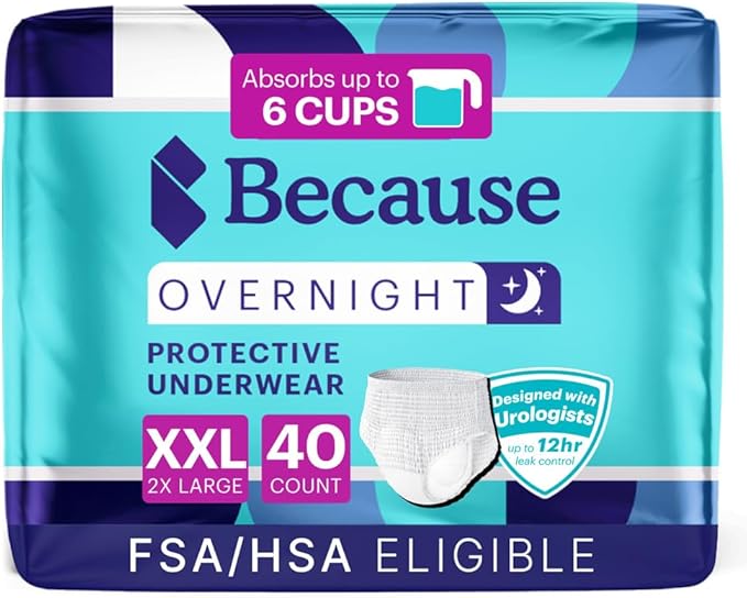 Because Overnight Absorbency Pull Ups - Adult Disposable Incontinence Underwear, Extra Absorbent Nighttime Briefs for Men and Women, White, XXLarge, 40 Count (4 Packs of 10)