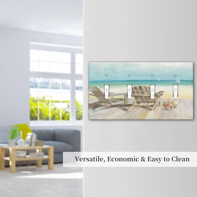 Light Switch Cover Beach Chair Seascape Blue Ocean 4 Gang Switch Plate Quad Toggle Wall Plates Modern Coastal Decorative Switchplate Electrical Outlet Cover Plates for Bathroom Bedroom Decor