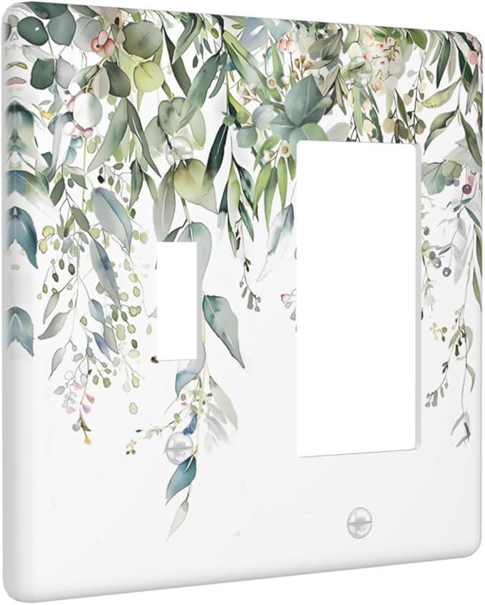 Sage Green Watercolor Eucalyptus Leaves Floral Flowers Outlet Covers 1 Toggle 1 Rocker Combination Decorative Wall Plate Electrical Switch Plates Light Switch Cover Plate for Farmhouse Bed Room Decor