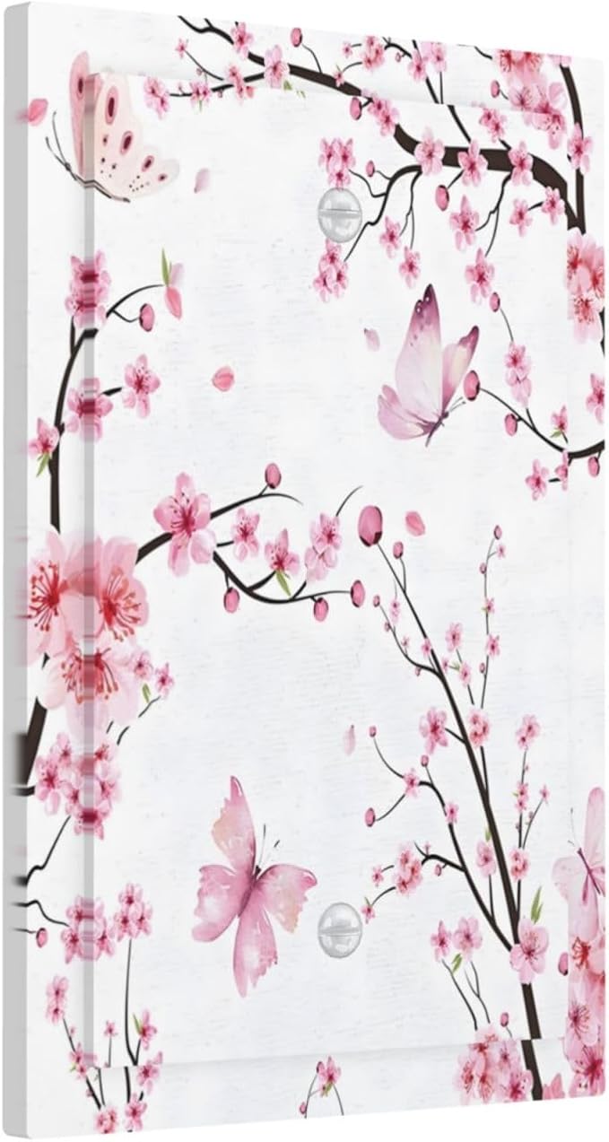 Cherry Floral Watercolor Pink Flowers Butterfly Light Switch Cover Plate 1 Gang No Device Blank Electrical Wall Plates Faceplate Decorative Switch Plate for Bed Room Living Room Decor