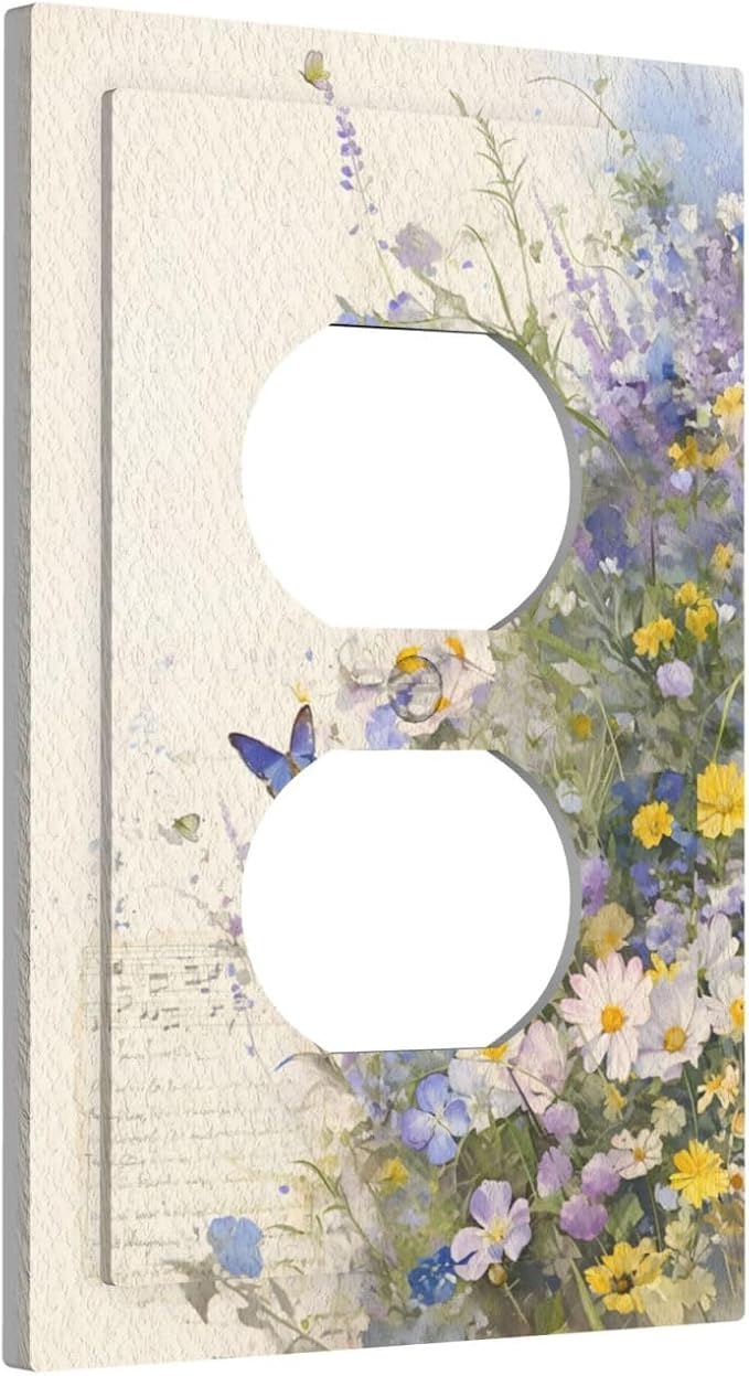 Outlet Covers Purple Flower Butterfly Yellow Daisy Decorative 1 Gang Duplex Light Switch Cover Plate Receptacle Wall Plate Electrical Switch Plate Covers for Bathroom Decor