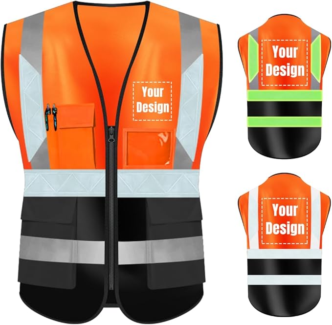 YOWESHOP High Visibility Safety Vest Custom Your Logo Protective Workwear 5 Pockets With Reflective Strips Outdoor Work Vest (XL, Orange Black Luminous)