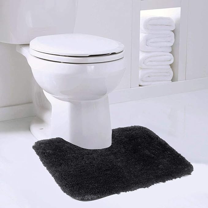 Walensee Contour Rug (20x24, Black) Non Slip Bath Mat for Bathroom Water Absorbent Soft Microfiber Shaggy Mat Machine Washable U Shape Toilet Rug