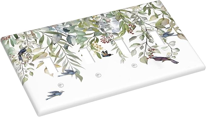 Green Leaf Eucalyptus Leaves Floral Bird Butterfly Light Switch Covers Quad Toggle Electrical Faceplate 4 Gang Wall Plate Decorative Switch Plates for Bed Room Living Room Decor
