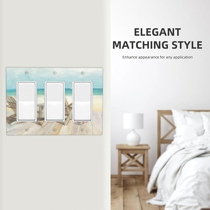 Light Switch Cover Beach Chair Seascape Blue Ocean 3 Gang Wall Plate Triple Light Switch Plate Modern Coastal Rocker GFCI Outlet Covers Decorative Receptacle Cover for Bathroom Bedroom Decor