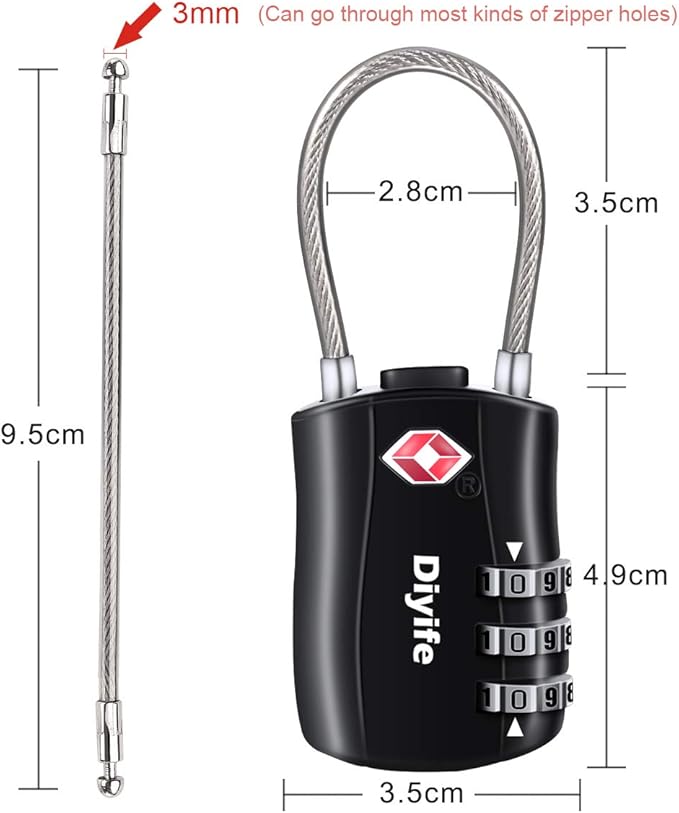 Diyife TSA Approved Locks 4 Pack, Keyless Cable Suitcase Locks, Zinc Alloy, 3 Digit Combination Locks for Travel, Bags, Backpack, Baggage, Black, Blue, Red, Orange