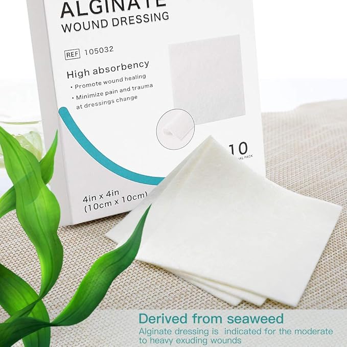 Dimora Calcium Alginate Wound Dressing, 4'' x 4'' Patches,10 Individual Sterile Pads, Soft and Highly Absorbent Dressing Gauze, Non-Stick Padding