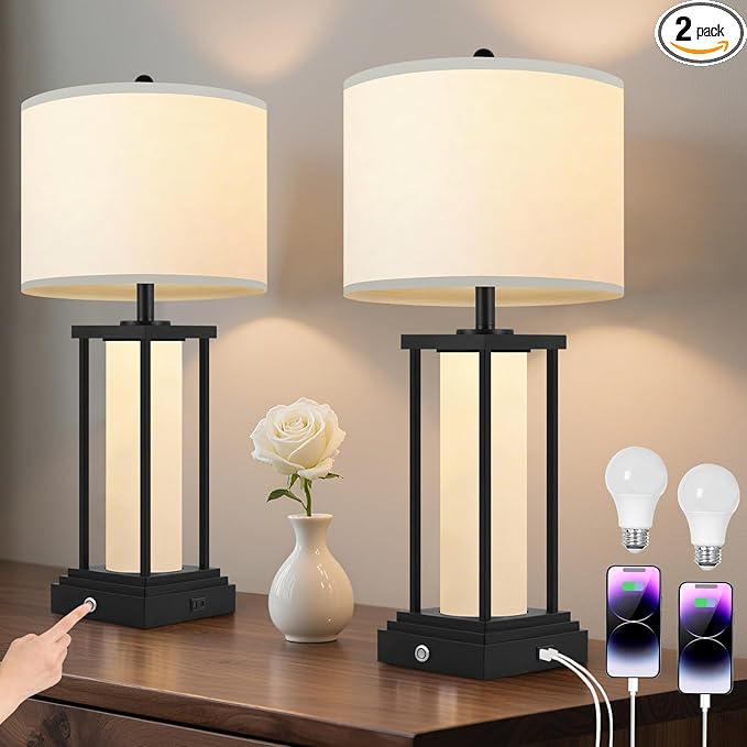 Nightstand Lamps Set of 2, Touch Lamps, 3 Color Temperatures, Stepless Dimming, Bedside Lamps with USB C+A Ports, Living Room Table Lamps, Bedroom Lamps for Nightstand(Bulbs Included) - 2 Packs
