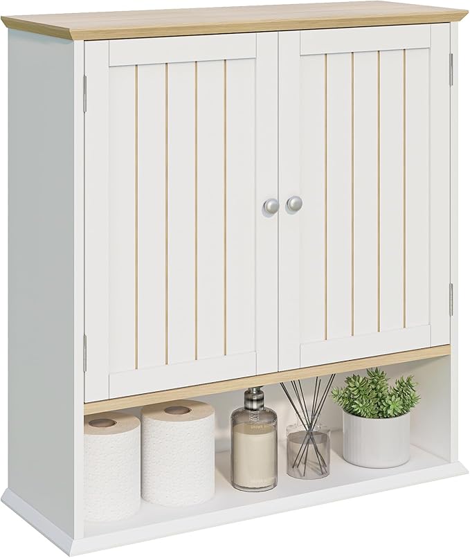 Over The Toilet Bathroom Wall Cabinet with 2 Doors & Open Shelf – Space Saving Medicine Cabinet, Wooden Wall Mounted Storage Cupboard for Bathroom Organization White