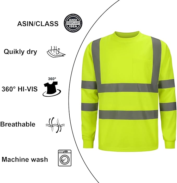 High Visibility Class 3 T Shirts，Hi Vis Safety Shirts with Reflective Strips and Pocket, Long Sleeve Quick Dry Mesh Construction Work Shirt for Men/Women Lime,Medium