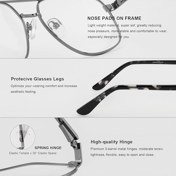 RB. Pilot Reading Glasses for Men Square Double Bridge Light Blocking Computer Readers Spring Hinge Metal Frame Acetate Legs