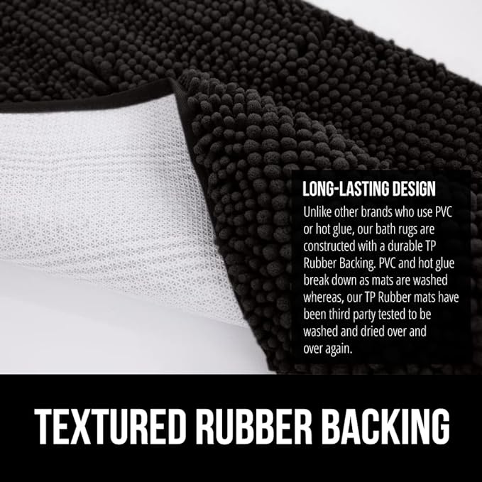 GORILLA GRIP Bath Rug Mat 44x26, Thick Soft Absorbent Chenille, Quick Dry Microfiber Mats, Rubber Backing Washable Shower Floor Rugs, Bathmat Runner, US Designed Bathroom Home Decor Accessories Black