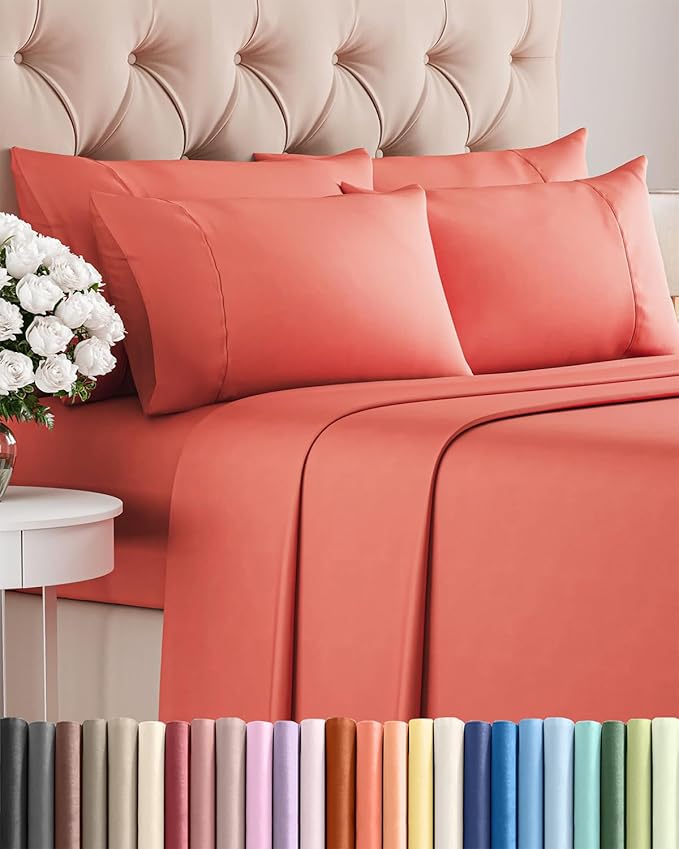 Full 6 Piece Sheet Set - Cooling & Breathable Bed Sheets - Hotel Luxury Bed Sheets for Women, Men, Kids & Teens - Comfy Bedding with Deep Pockets & Easy Fit - Soft and Wrinkle Free - Full Coral Sheets