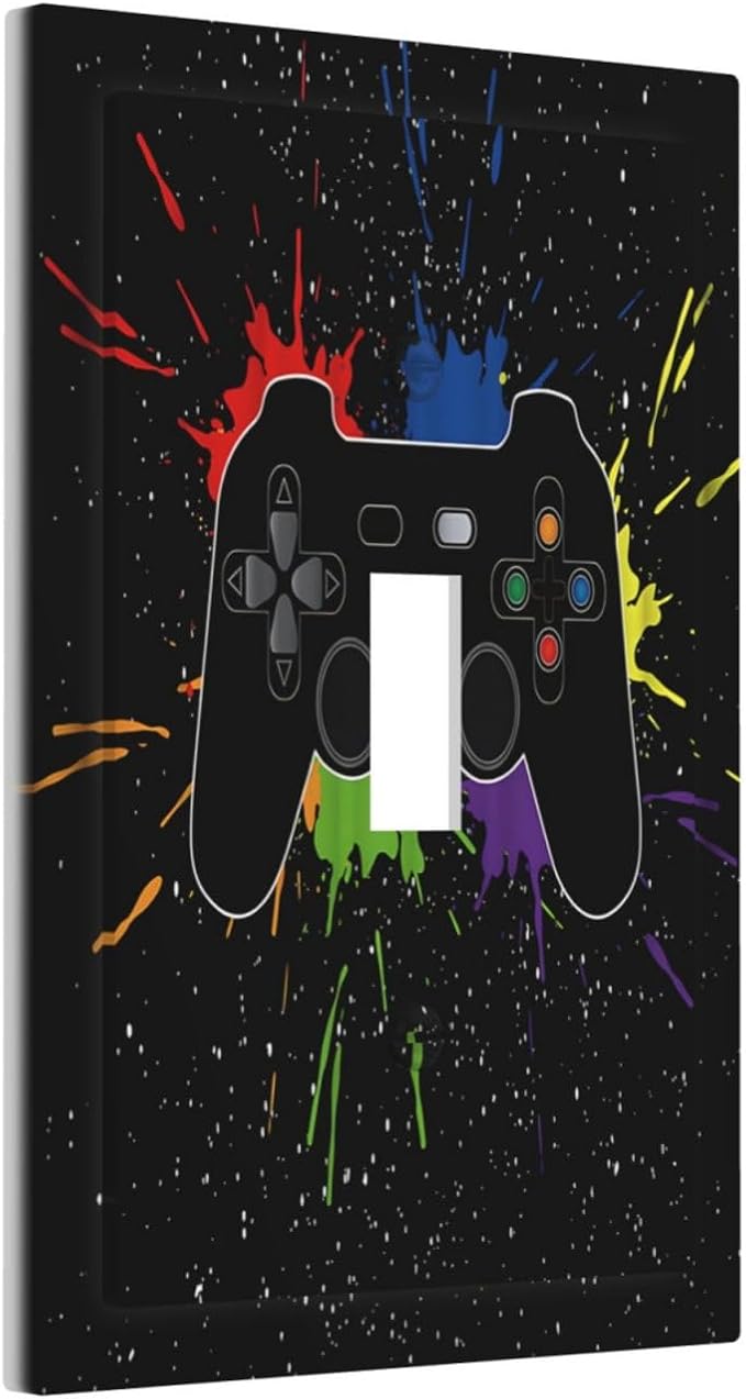 Classic Videogames Controller Black Splash Ink Colorful Decorative Light Switch Cover 1 Gang Single Toggle Device Electrical Faceplate Switchplates Decorator Outlet Wall Plate for Kids Room Nursery