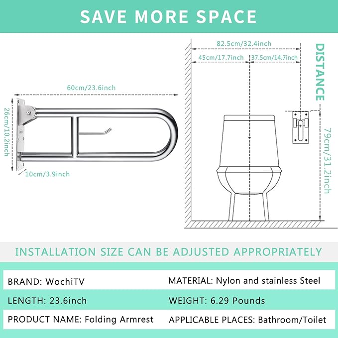 23.6 INCH Stainless Toilet Safety Rails, WochiTV Handicap Grab Bars for Elderly, Disabled Flip-Up Bathroom Grab Bar with Paper Holder,Toilet Handrails Hand Grips Handle Shower Assist Aid