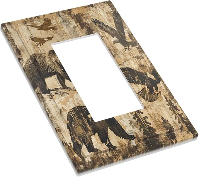 Decorative Outlet Covers Vintage Cabin Wildlife Animal Bear Eagle Forest 1 Gang Single Rocker Light Switch Cover Plate Wall Plates GFCI Faceplate for Farmhouse Bedroom Decor