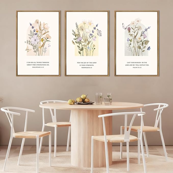 IARTTOP Large Floral Christian Wall Art Framed 16x24 Inch Set of 3 Bible Verse Scripture Artwork Minimalist Botanical Religious Canvas Wall Decor for Church Living room Bedroom