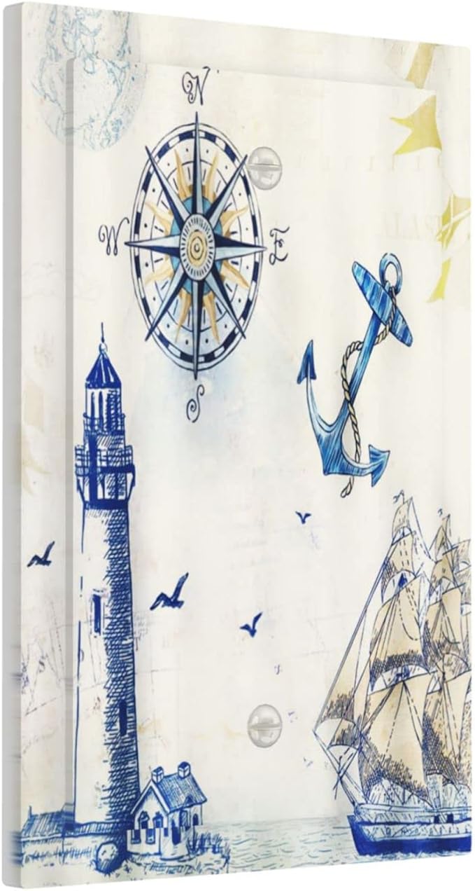 Nautical Sailboat Lighthouse Compass Anchor 1 Gang No Device Light Switch Cover Plate Decorative Single Blank Electrical Wall Plate Rustic Unused Outlets/Switches for Country Bathroom Decor