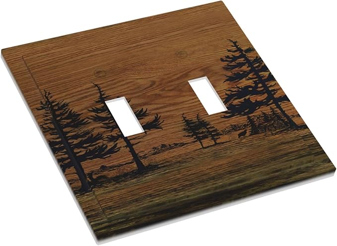 Decorative Light Switch Cover Plate Rustic Farmhouse Brown Board Pine Tree Wood Grain 2 Gang Switch Plate Covers Double Toggle Wall Plate Dual Device Faceplate for Bathroom Decor