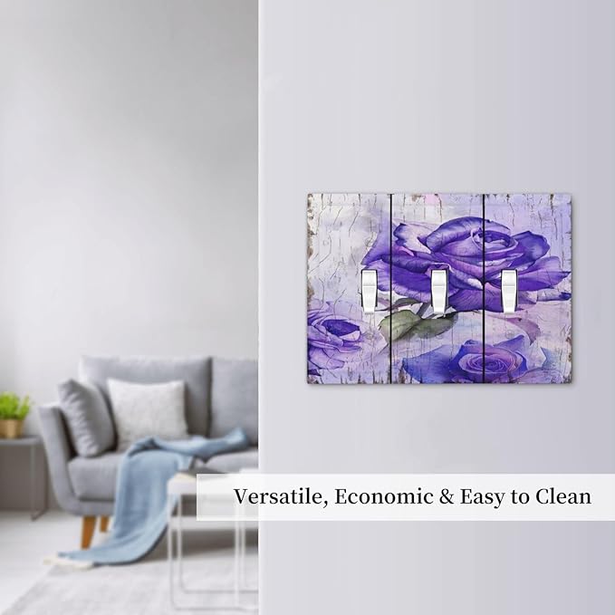 Light Switch Cover Purple Rose Flower Rustic Wood Plank 3 Gang Wall Plate Triple Light Switch Plate Toggle Decorative Outlet Covers Electrical Switchplate for Farmhouse Bathroom Decor