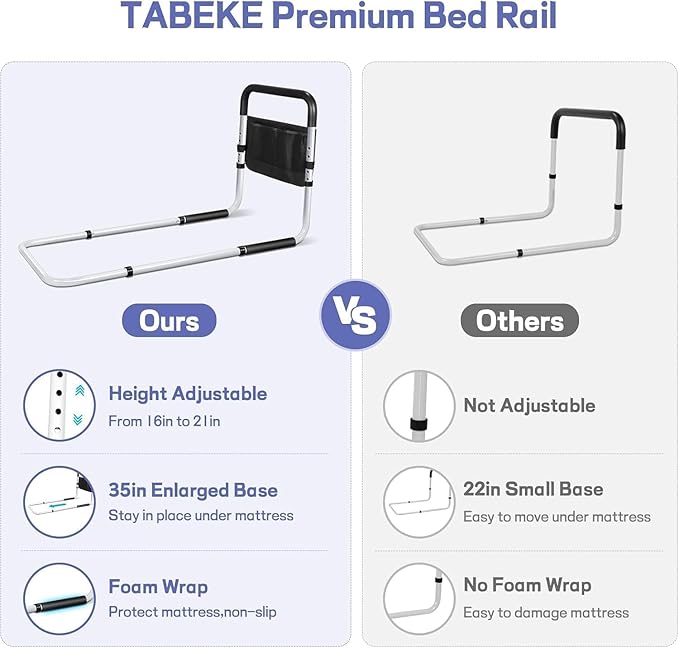 TABEKE Bed Rails for Elderly Adults, Adjustable Bed Assist Rails for Seniors, Portable Bed Support Bar Mobility Assistant with Foam Handle & Double Side Storage Bag Fits King, Queen, Full, Twin Bed