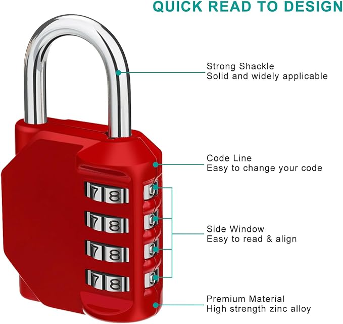 ZHEGE Combination Padlock 2 Pack, 4 Digit Lock for School Gym Locker, Outdoor Waterproof Combo Lock (Silver & Red)