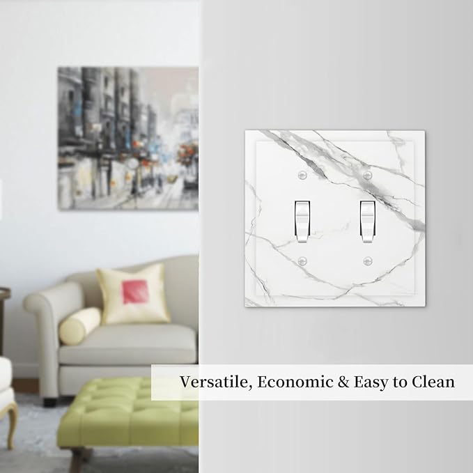 White Marble Abstract Luxurious Print Decorative Switch Plates 2 Gang Double Toggle Outlet Light Switch Cover Wall Plate Electrical Faceplate for Bathroom Kitchen Home Decor