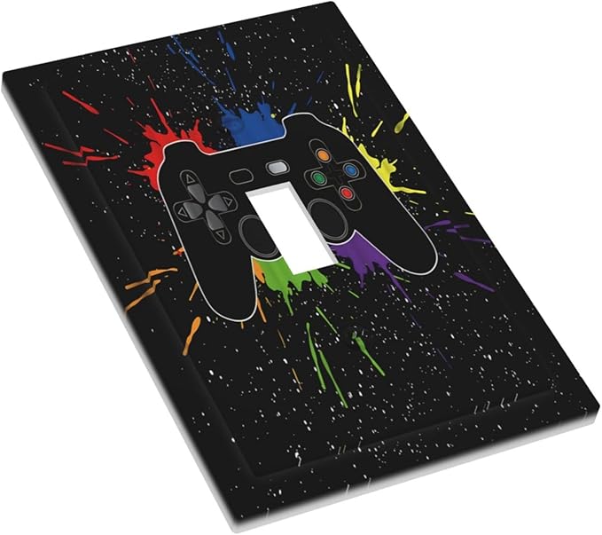 Classic Videogames Controller Black Splash Ink Colorful Decorative Light Switch Cover 1 Gang Single Toggle Device Electrical Faceplate Switchplates Decorator Outlet Wall Plate for Kids Room Nursery