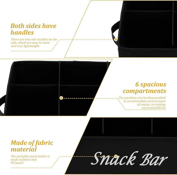 Snack Organizer for Countertop, 6 Compartment Snack Basket Container, Trapezoid Fabric Snack Bin Holder with Side Handles,Lightweight Snack Bar Station Organizer, Kitchen Pantry Storage (Black)