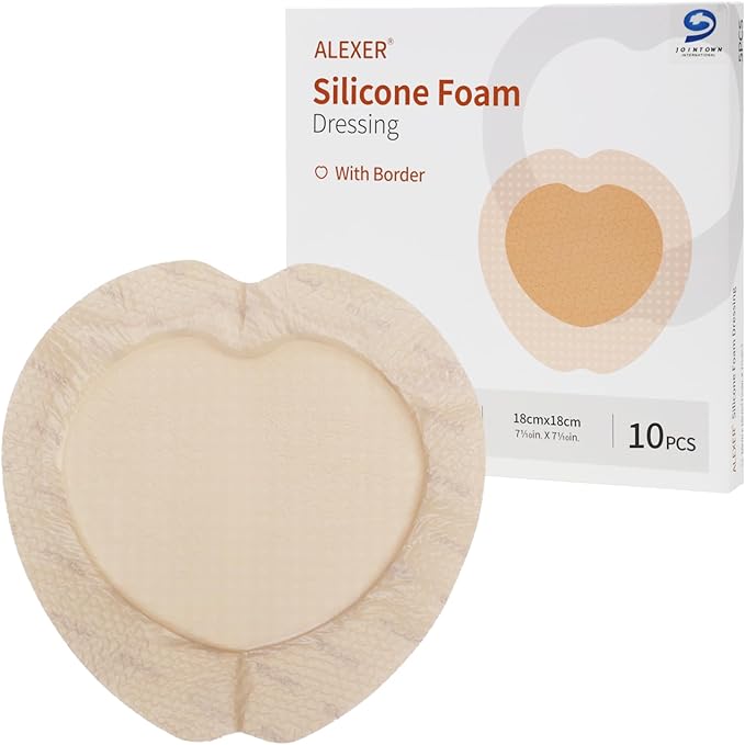 Jointown Foam Absorbent Wound Care Dressing, Adhesive Silicone Sacral Foam Dressing with Border, Waterproof Bed Sore Bandages, 7"x7", 10 PCS