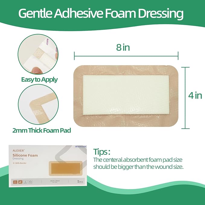 Jointown Foam Wound Care Dressing, Adhesive Silicone Foam Dressing with Border, Waterproof Bed Sore Bandages, 4"x 8", 5 PCS