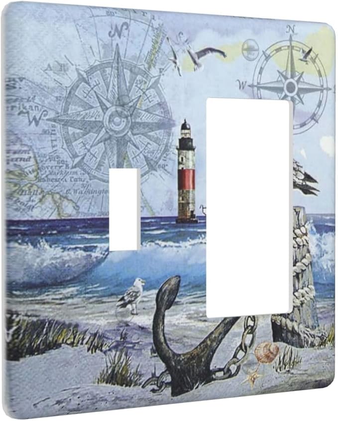 Light Switch Cover Sea Ocean Sand Coast Compass Ship Lighthouse Anchor 2 Gang Toggle Rocker Combo Wall Plates Decorative Switch Plates and Outlet Covers Receptacle Cover for Bathroom Decor
