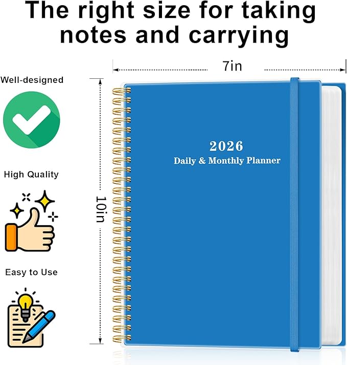 Daily Planner 2026 - Full Page Per Day, Jan 2026 to Dec 2026, 2026 Daily Planner with Spiral Bound, Inner Pocket, Perfect for School Office Supplies, 7'' x 10'', Blue