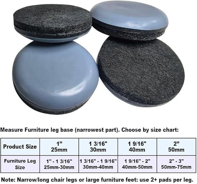 No Lost Pads! Chair Leg Glides (Felt Base) for Thick, Thin & Plush Rugs – Easy Glide, No Wrinkles, Chair Feet, Not Adhesive Backing | 50mm (2") Round, 8 Pcs