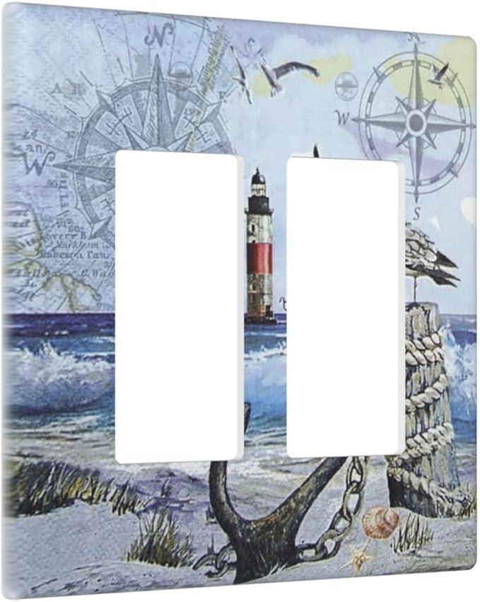 Outlet Covers Sea Ocean Sand Coast Compass Ship Lighthouse Anchor 2 Gang Wall Plate Double Rocker Light Switch Cover Decorative GFCI Receptacle Cover Electrical Switchplate for Bathroom Decor