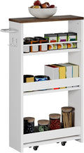 ChooChoo 4-Tier Slim Storage Cart with Handle, 5.51" W Rolling Utility Cart on Universal Wheels, Kitchen Cart Mobile Shelving Organization for Laundry Room, Bathroom & Narrow Place (Walnut & White)