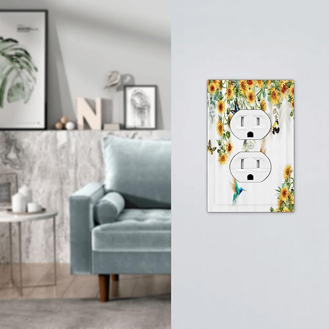 Outlet Covers Yellow Sunflower Blue Hummingbird Butterfly 1 Gang Duplex Light Switch Cover Decorative Wall Plate Rustic Farmhouse Floral Botanical Single Receptacle Electrical Switchplate