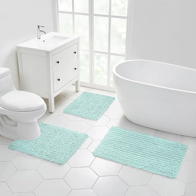 Walensee Large Bathroom Rug Non Slip Bath Mat (72x24 Inch Spa Blue) Water Absorbent Super Soft Shaggy Chenille Machine Washable Dry Extra Thick Perfect Absorbant Best Plush Carpet for Shower Floor