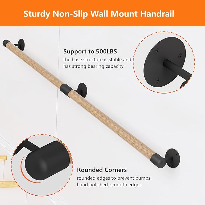 13FT Round Wooden Stair Handrail,Indoor Staircase Handrail,Wall Mount Support Stair Railings, Non-Slip Safety Corridor,Loft,Patio,Guardrail,Home Wood Hand Railings for Elderly,Children,Disable People