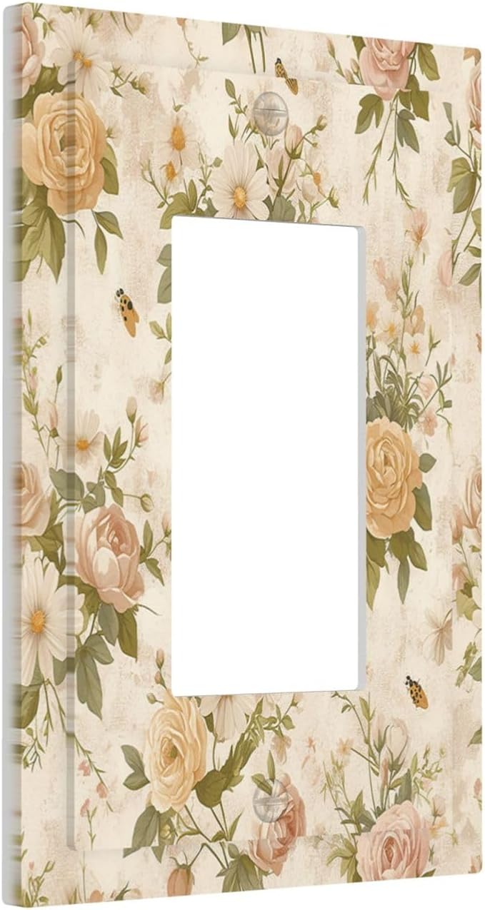 Decorative Outlet Covers Boho Vintage Roses Pink Red Yellow Bouquet Floral 1 Gang Single Rocker Light Switch Cover Plate Wall Plates GFCI Faceplate for Bedroom living Room Decor