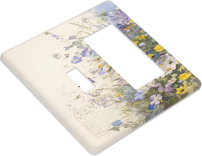Decorative Outlet Covers Purple Flower Butterfly Yellow Daisy 2-Gang Combo Light Switch Cover Plate Single Toggle/Rocker Wall Plate Plug Switch Plate Covers for Bathroom Decor