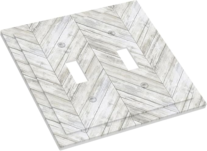 Rustic White Gray Herringbone Wood Plank Double Toggle Light Switch Cover Decorative Vintage Country 2 Gang Wall Plate Electrical Faceplate Switchplate for Farmhouse Bedroom Living Room Decor