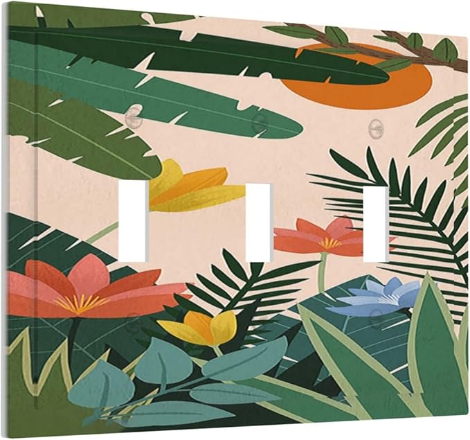 Decorative Switch Plates Boho Tropical Plant Floral Pattern 3 Gang Wall Plate Triple Toggle Light Switch Cover Faceplate Electrical Wall Panels for Bedroom Cabin Decor