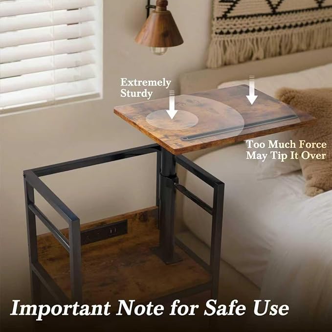 Swivel Lift Top Nightstand with Charging Station, 2-Tier 360° Adjustable Bedside Table, Rolling Night Stand with Wheels, Small End Table with Fabric Drawer, for Bedroom, Living Room, Rustic Brown