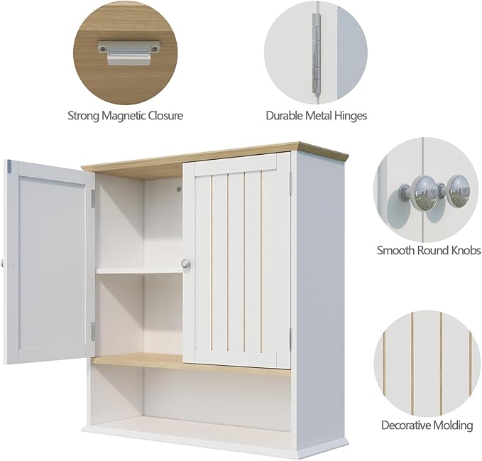 Over The Toilet Bathroom Wall Cabinet with 2 Doors & Open Shelf – Space Saving Medicine Cabinet, Wooden Wall Mounted Storage Cupboard for Bathroom Organization White